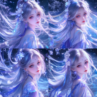 可爱女孩国风造型，银色长发飘逸，迷离眼神仙气十足，月光洒落湖面波光粼粼，卡通动漫风格，超精细细节，8k画质，梦幻柔光，浅色调，夜光粒子特效，唯美构图，侧面光，广角镜头，静谧氛围，空灵意境