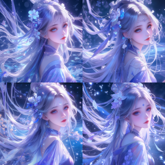 可爱女孩国风造型，银色长发飘逸，迷离眼神仙气十足，月光洒落湖面波光粼粼，卡通动漫风格，超精细细节，8k画质，梦幻柔光，浅色调，夜光粒子特效，唯美构图，侧面光，广角镜头，静谧氛围，空灵意境