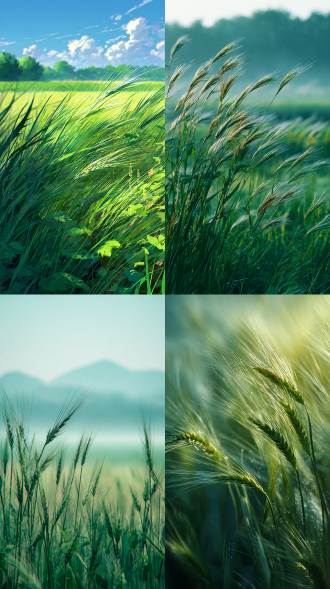 风吹麦田，浅绿色系，清新治愈，宫崎骏风格，大草原与森林交界，农田远处，魔法花园点缀，自然绿与白绿主色调，浅青浅绿渐变，氛围感柔光，逆光拍摄，广角镜头，细腻纹理，高清壁纸，微风拂动麦浪，柔和阴影，温暖日光，宁静祥和，童话感。