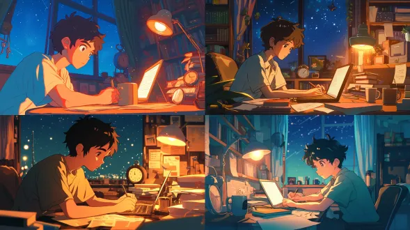 动漫风格少年专注学习，深夜房间，书桌有笔记本电脑、书籍、马克杯，桌面小摆件，台灯暖光，窗外夜空星星，闹钟显示am2:30，吉卜力风格，清晰线条，柔和色彩，侧光，广角镜头，高细节，温馨励志，专注疲惫表情，眼镜反光，散落纸张，生活气息，深邃背景。