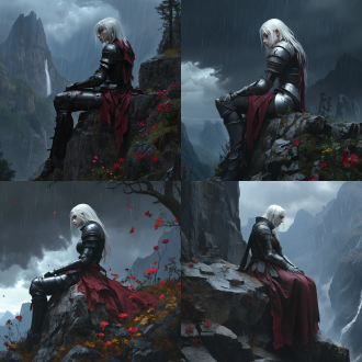 a female knight clad in medieval tattered armor, surrounded by sharp thorny stone mountains and fierce canyons of the fantasy world, sits slumped on the highest rock, her hollow eyes gazing at the dark sky. from the perspective of looking down, she surveys the grandeur of the scene below. it's raining from the sky, the raindrops falling on her face, highlighting the atmosphere of emptiness. the style should be anime realism, drawing inspiration from the art style and perspective tension of artist miya mayu. there should be large and small trees, with decayed flowers and plants scattered about. the 3d character is created using c4d, with an eight-pass render and the highest quality.