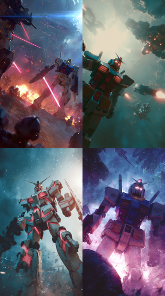 机动战士高达战斗，三角构图，科幻战场，冷色调，长焦镜头，顶光，激战动作，机甲元素，荣耀感。