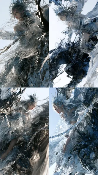竖屏构图，平视视角，35mm镜头，f5.6光圈，1/125秒快门，暗黑奇幻史诗超写实cg，中国水墨美学，冰天雪女身骑冰麒麟，青蓝冰雕面容，冰凌雪丝发，冰晶冠，薄冰纱衣，冻结河冰披风，冰凝缰绳，覆墨青冰甲冰麒麟，摄影棚柔主光，右侧柔补光，边缘轮廓光，冷中性淡青色调，纯白无缝背景，8k分辨率，虚幻5引擎，照片级真实，电影感景深