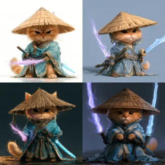 小孩般高的橘猫剑客，带着一顶藤帽，身穿冰蓝华丽花纹金边衣服，腰间左右一把剑，一把紫色闪电雷剑，一把冰蓝寒冰霜剑