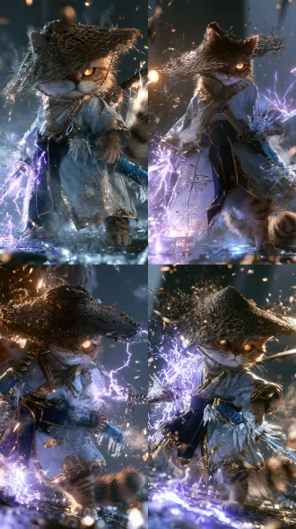 ultra detailed 3d cg game cinematic render, full body shot of a small bipedal orange tabby cat swordsman with a large head relative to his body, big amber eyes glowing in shadow, small upright ears, a white muzzle and a white chest, warm orange fur marked with darker orange tabby stripes, a fluffy striped tail curling behind him, he wears a wide brimmed woven rattan hat tilted low so its shadow falls across his upper face, a braided cord tied under his chin, and an ornate pale ice blue robe of heavy silk brocade that reaches mid calf, crossed at the collar with wide sleeves, every edge trimmed with a molten gold band and the cloth embroidered with gold thread ice crystal and curling cloud patterns, a deep indigo sash with gold edges tied at his waist, on his right hip a straight double edged lightning sword is drawn a hand span from its dark violet scabbard revealing a blade wreathed in crackling violet arcs, its guard shaped like a coiled thunder pattern, on his left hip a straight double edged frost sword stays fully sheathed in a deep sapphire scabbard that breathes white blue frost mist with small icicles hanging from it, its guard formed of clustered ice crystal, his hands rest on the two hilts, violet sparks and ice crystal shards and drifting frost mist and a few gold flakes floating around him, strong backlight from behind rimming the rattan hat and his silhouette in cold silver light while violet and ice blue glow spill across the ground, volumetric light shafts, dense bokeh highlights and soft lens flare, pale ice blue robe and molten gold trim and orange tabby fur and violet lightning color scheme, dark blurred background with faint cold fog, slight low angle, shallow depth of field, 85mm lens, f1.8, unreal engine 5, octane render, ray tracing, 8k, photorealistic cg, game cinematic, volumetric fog, hdr