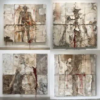 contemporary mixed media artwork, collage and installation art style. four raw-edged canvas panels displayed on a gallery wall, arranged into a 2x2 meter square with irregular, tearing gaps left in the middle where the panels meet. the materials include torn old clothes, tangled cotton threads, hardened plaster, and peeling paper pulp. the center features an abstract human figure outline roughly stitched together, but the stitches are bursting apart. the surface is heavily layered with paint, then violently scraped away, revealing red threads and damaged fabric underneath. loose threads and fabric strips dangle from the raw edges. melancholic and traumatic atmosphere, muted color palette of grey-brown, pale white, and dark red. high detail, emphasis on material texture, cracks, and rough tactility. dramatic lighting, gallery exhibition setting.