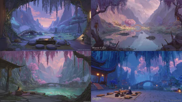 wide-angle俯瞰 view of mirror valley, chinese fantasy style, view from the valley entrance extending inward. dusk just falling, sky dreamlike with soft radiant haze, clouds like floating gossamer, interwoven blue-purple and pale pink, afterglow like scattered gold. at the entrance, an ancient stone arched bridge with hanging vines, below it a small quiet lake with clear water and koi fish swimming. beside the bridge, a flat stone platform with three meditation cushions around a low wooden table, a small charcoal stove on the table, two sheathed short swords leaning on the ground. a male human-faced cat demon with handsome but slightly dirty face, wearing ragged ancient-style clothes in gray and dark gold, black torn skirt, gray-white hair with furry cat ears, a long gray tail behind, squatting by the stove grilling small fish until slightly charred, cozy corner with warm smoke. deep inside the valley, only three areas: left side bamboo forest with a wooden house, right side mufu mansion, and beside it a wisteria courtyard. no other buildings. beyond them natural rock walls and twilight, open and quiet. at the bamboo house entrance, a 20-year-old chinese girl with delicate features, black hair in half-updo, black smiling eyes, blue forehead ornament, wearing light sky-blue translucent oversize robe and thin jacket over cream white long dress, white embroidered shoes, holding a white folded fan below her chest, gentle posture. small garden with lily-of-the-valley flowers scattered around. stone path connects bamboo house to mufu mansion. mufu has vermilion gate with golden plaque reading "mu fu", two tiny black-green rabbit statues on each side. on the steps sits a girl with white hair, rabbit ear headband, white sleeveless ancient-style jacket over blue-green long-sleeved shirt, white pants, white plush shoes, a carrot-colored baseball bat at her waist, peaceful expression. inside courtyard a giant peach tree in full bloom with falling petals. beside mufu is wisteria courtyard, ground around gate covered with red spider lilies (only on ground). at the gate stands an ethereal woman in white layered robes, wearing a delicate crown, silver bracelet on right wrist, serene and noble. next to the gate is a wonton stall with wooden cart, sign reading "duo ji wonton shop", steam rising. wisteria densely covers the whole courtyard, lantern light glowing on flower clusters like soft purple waterfall. overall lighting soft and warm, dusk blue-purple mixing with warm yellow lantern light, dreamy sky, grilled fish smoke and lights echoing across the valley. deep valley empty with only natural rock walls. rich details, cinematic quality, ultra hd, 8k