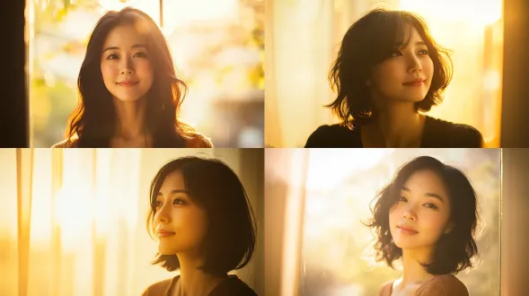 30-40岁亚洲女性自画像，中心构图，柔焦光晕，窗边，暖金色调，85mm f/1.4镜头，逆光轮廓光，浅笑，发丝发光，静谧温柔