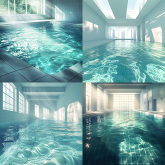 池核空间，没有一个人，泳池空间，用延展性，看不到尽头，洁净的白色瓷砖，蓝绿色清澈见底的泳池水，水面泛着波光，温暖的日光从窗户透进来，写实风格，氛围宁静，神秘，温馨，又会让人感到对未知的恐惧