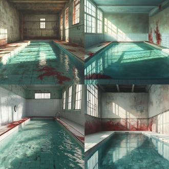 池核空间，没有一个人，泳池空间，用延展性，看不到尽头，洁净的白色瓷砖上沾染了一些深红色颜料，与整个画面形成割裂的反差和矛盾的对比。蓝绿色清澈见底的泳池水，水面泛着波光，温暖的日光从窗户透进来，写实风格，氛围宁静，神秘，温馨，又会让人感到对未知的恐惧