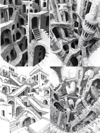 a complex pen and ink drawing of paradoxical architecture, inspired by m.c. escher. endless staircases and columns that defy gravity, creating a mind-bending optical illusion. extreme attention to detail, fine lines, high contrast black and white, no color. worm's eye view to enhance the monumental scale.