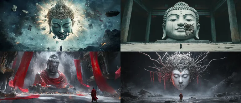 cinematic aaa video game boss fight concept art, dark oriental folk horror and surreal buddhist mythology. ultra-wide establishing shot, extreme low-angle perspective looking up: in the vast underground abyss, a colossal, fragmented buddha head floats in mid-air as a god-like boss entity. the buddha's porcelain-like cracked face features an open mouth radiating with concentric, nested layers of blinding white-teal divine resonance light. the giant head is adorned with an ornate, weathered antique miao silver crown with dangling silver beaded tassels and veils, with twisted ancient tree roots and fleshy tendrils emerging from its neck like tentacles. tattered cinnabar-red ritual silk banners and floating broken boulders levitate weightlessly around the titan. in the foreground center, a lone tiny swordsman in a dark tattered cloak stands on the reflective wet stone shallow water, facing the gigantic deity with sword drawn. dark slate cyan, pitch black, antique silver, and deep cinnabar red color palette. dramatic chiaroscuro volumetric god rays, swirling incense smoke, floating embers. unreal engine 5, octane render, hyper-realistic, photorealistic textures, 8k resolution, masterpiece, no text, no watermark, no ui