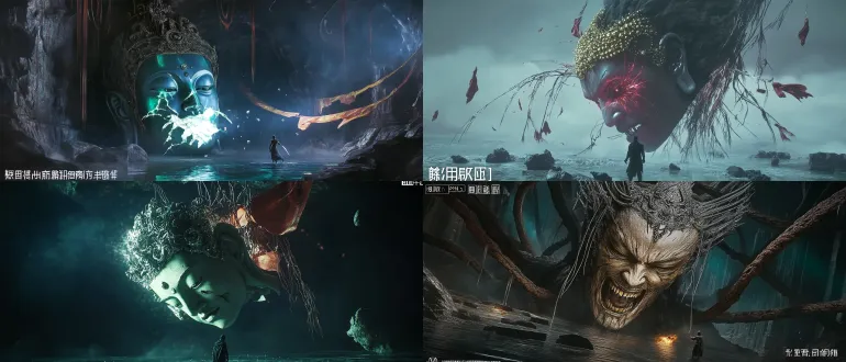 cinematic aaa video game boss fight concept art, dark oriental folk horror and surreal buddhist mythology. ultra-wide establishing shot, extreme low-angle perspective looking up: in the vast underground abyss, a colossal, fragmented buddha head floats in mid-air as a god-like boss entity. the buddha's porcelain-like cracked face features an open mouth radiating with concentric, nested layers of blinding white-teal divine resonance light. the giant head is adorned with an ornate, weathered antique miao silver crown with dangling silver beaded tassels and veils, with twisted ancient tree roots and fleshy tendrils emerging from its neck like tentacles. tattered cinnabar-red ritual silk banners and floating broken boulders levitate weightlessly around the titan. in the foreground center, a lone tiny swordsman in a dark tattered cloak stands on the reflective wet stone shallow water, facing the gigantic deity with sword drawn. dark slate cyan, pitch black, antique silver, and deep cinnabar red color palette. dramatic chiaroscuro volumetric god rays, swirling incense smoke, floating embers. unreal engine 5, octane render, hyper-realistic, photorealistic textures, 8k resolution, masterpiece, no text, no watermark, no ui