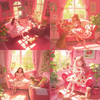 草莓主题房子，粉色墙壁，草莓图案床单沙发，阳光透过窗户洒入，小女孩穿草莓连衣裙微笑坐椅子上，椅子旁棕色小狗蹲坐，温馨氛围，暖色调，广角镜头，柔光，细节丰富，快乐情绪，室内场景，童话风格。