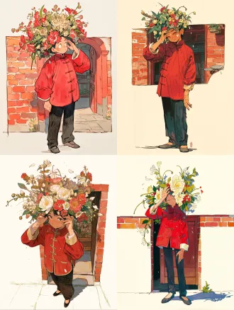 full body character design of chen ahai, 20-year-old chinese girl, xunpu fisherwoman from quanzhou, young inheritor of traditional floral headdress, head to toe, standing pose. slightly tanned skin, gentle but firm eyes. red washed cotton cross-collar jacket with old cloth texture and real fabric folds, not a new costume, dark pants, simple cloth shoes. elaborate living flower hair wreath: michelia figo and jasmine layered densely, dew drops, wind-blown petals, fresh living flowers, not plastic. long rough hands with thin calluses, faint flower-juice stains between nails, small old scar on the tiger’s mouth. signature gesture: back of hand lightly touching the flower by her temple. soft brush start/end lines, colored pencil frayed edges, curves and negative space, natural light, slow rhythm. watercolor/rock color/xuan paper/grass cloth texture, macro botanical illustration details. red-brick ochre, oyster-shell gray-white, maritime silk blue, michelia cream, flower-juice red palette. minimal background: quanzhou red-brick courtyard door frame / arcade / flower rack shadow / oyster-shell wall, low viewpoint, environment hint only. full body head to toe, shoes not cropped, character sheet, clean composition.