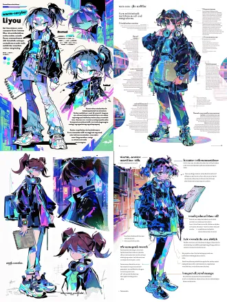 full body character design of lin youyou, 18-year-old chinese girl, freshman in visual communication from chongqing, head to toe, standing pose. twin ponytails, sharp face, screen-reflection highlights in eyes, not cute anime eyes. black-blue techwear jacket as realistic everyday student wear, not mecha, neon inner top, glowing electronic watch, worn noise-canceling headphones around neck, frayed sketchbook in hand, casual pants/skirt with sneakers. slightly impatient confident expression, fingers tapping sketchbook. hard vector-like lineart, slight digital jagged edges, halftone dots, glitch noise, diagonal composition, speed lines. cold blue-purple, cyan-black, fluorescent pink-green, screen cyan-white palette. hand-painted watercolor texture blended with digital manga lineart, "warm-sense cyber maritime silk road manga sketch" style. minimal background: faint chongqing monorail through buildings / hongyadong neon / glass curtain wall reflections, environment hint only. full body head to toe, shoes not cropped, character sheet, clean composition.