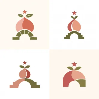 minimalist logo design, white background. morandi color palette, low saturation, muted and elegant colors, not vibrant. the main shape is a pointed baihua peach. the bottom of the peach integrates the negative space of a classical stone arch bridge. a five-pointed star above the peach tip, two leaves on top. colors used: muted brick red, dusty rose pink, olive green, dark grey. flat color block design, no gradients, vintage premium feel, agricultural brand identity,