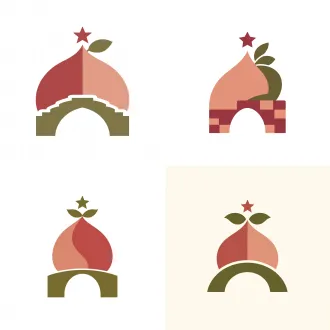 minimalist logo design, white background. morandi color palette, low saturation, muted and elegant colors, not vibrant. the main shape is a pointed baihua peach. the bottom of the peach integrates the negative space of a classical stone arch bridge. a five-pointed star above the peach tip, two leaves on top. colors used: muted brick red, dusty rose pink, olive green, dark grey. flat color block design, no gradients, vintage premium feel, agricultural brand identity,