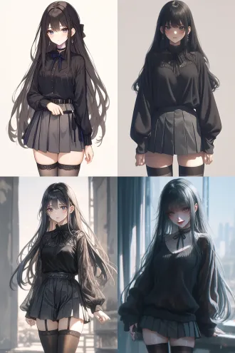 1. a beautiful young girl with long black hair2. appearance details (choose your favorite): - wearing a slightly oversized black knit sweater - black lace high-necked undershirt - grey pleated skirt with tactical-style waist cincher - white translucent chiffon shirt with black ribbon tie - over-the-knee socks, one falling down3. expression and atmosphere (very important!): - a trace of weariness and determination in eyes - mischievous smirk - looking away, avoiding direct eye contact - alone in a classroom after school - standing in the rain, rain droplets on hair - melancholy and lonely atmosphere4. image quality and style: - anime style - highly detailed, exquisite character design - cinematic lighting - concept art