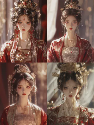 ancient chinese noble women portrait, facing the camera directly, with an elegant expression, dressed in red and white hanfu with golden ornaments, exquisite hairstyle and headpiece, soft light and edge light, shallow depth of field with blurred background, high contrast, ultra-detailed rendering, chinese oil painting texture, flat color illustration, dreamy and ethereal atmosphere, 8k high definition, layered color overlay.