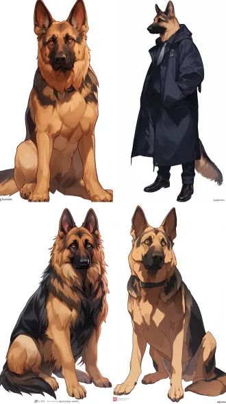 外形基础：成年德国牧羊犬体型，肌肉线条流畅且充满力量感，毛色为墨黑与浅棕渐变（背部墨黑、腹部及四肢浅棕），毛发柔顺有光泽，阳光下泛着细腻金属感；琥珀色竖瞳，眼神锐利冷峻，自带压迫感，偶尔看向米娅时会柔和成暖琥珀色；耳朵直立挺拔，耳尖微圆，情绪激动时会轻微晃动。 专属配饰：佩戴银质 “r” 字母定制项圈（项圈边缘镶嵌细小碎钻，低调奢华），日常穿着深蓝色绣银线的定制防雨马甲（马甲内侧有米娅专属的猫爪刺绣暗纹）；出席 “犬界商业场合” 时，会搭配同色系丝质领带（领带末端绣有迷你狗爪图案），爪子穿黑色皮质防滑鞋套（鞋尖有金属包边）。