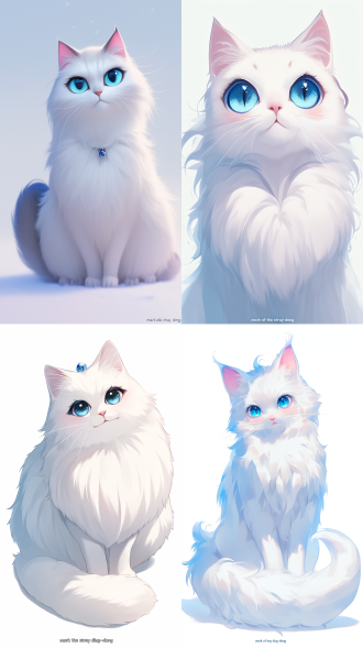 外形基础：成年布偶猫体型，毛发雪白蓬松，耳尖、尾巴尖、爪子为浅灰蓝色（渐变效果，像覆了一层薄霜）；眼睛为通透的冰蓝色，瞳孔圆润，情绪波动时会放大或缩小（委屈时眼尾泛红，开心时眼睛弯成月牙）；耳朵小巧圆润，内侧有粉色绒毛，害怕或害羞时会耷拉下来；尾巴蓬松修长，走路时会轻轻晃动，紧张时会紧紧贴在身体两侧。​ 专属元素：右耳尖沾有一点浅棕色小泥点（保留故事中 “流浪时的印记”，增加辨识度）；脖子上挂着迷你银色铃铛项圈（铃铛声音清脆，跑动时会发出 “叮铃” 声）；偶尔会抱着半块干硬的猫粮（粮粒上有细微裂纹，体现故事细节），或叼着雷的深蓝色领带（领带长度远超她的身体，显得格外可爱）。