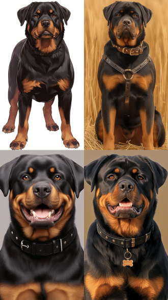 外形特征：成年罗威纳犬体型，肌肉发达，毛色为纯黑，胸部有一小块浅棕色毛发（形状像倒三角）；眼睛为深棕色，眼神凶狠，嘴角常微微咧开，露出尖锐的牙齿；耳朵直立，耳尖锋利，脖子上戴着黑色皮质项圈（项圈上有金属铆钉，充满攻击性）。​