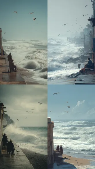 提示词:海浪不停地拍打在沙滩上，三两只海鸥低低的飞着等待着游客的投喂，海风伴着丝丝凉意吹在脸上，一些老钓友坐在海边静静地等待着鱼儿上钩