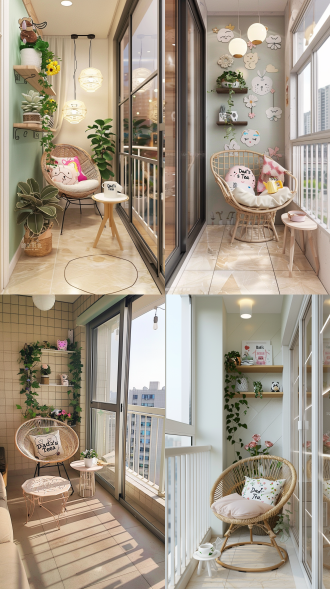 整体环境：现代温馨阳台，面积约 6㎡，与客厅通过玻璃推拉门分隔（门为白色边框，玻璃贴有浅粉色卡通贴纸），地面铺浅米色防滑瓷砖（瓷砖缝隙为浅灰色，每块瓷砖边长 60cm），墙面为淡绿色乳胶漆（距地面 1.2m 处有白色护墙板），顶部安装白色集成吊顶（内嵌 3 个暖黄色筒灯）。​ 物品摆放位置：​ 左侧区域：距左侧墙面 30cm 处，摆放一个高 1.5m、宽 80cm 的浅棕色木质多层花架（共 4 层，层间距 35cm）。第 1 层（距地面 30cm）放 2 盆绿萝（透明玻璃盆，直径 20cm，盆内有白色鹅卵石装饰，一盆靠花架左侧，一盆靠右侧）；第 2 层（距地面 65cm）放 1 盆多肉组合（白色陶瓷盆，直径 15cm，位于花架正中间，盆边摆 3 个迷你卡通小摆件）；第 3 层（距地面 100cm）放 1 盆月季（粉色陶瓷盆，直径 25cm，盆身印白色蔷薇花纹，靠花架右侧）；第 4 层（距地面 135cm）放 1 盆向日葵（黄色塑料盆，直径 22cm，盆身印小熊图案，靠花架左侧，花盘朝向阳台中央）。​ 右侧区域：距右侧墙面 40cm、距推拉门 50cm 处，放一张浅棕色藤制休闲椅（椅面直径 70cm，高 80cm，椅腿为金属材质，涂浅棕色防锈漆）。椅子正前方 50cm 处，放一张直径 40cm、高 50cm 的浅棕色藤制小边桌（桌面边缘有圆形防滑凸起）。小边桌上，靠左侧放一个白色陶瓷马克杯（杯身印 “爸爸的茶” 字样，内有半杯浅褐色热茶，杯柄朝右）；靠右侧放一本展开的报纸（报纸为 a3 尺寸，头版朝上，左侧版面是新闻，右侧版面是漫画，报纸边缘搭着一支黑色签字笔）。椅子上搭一条浅灰色针织毯（长 120cm，宽 80cm，边缘有流苏装饰，搭在椅面左侧，垂落至地面）。​ 中间区域：距花架 60cm、距休闲椅 70cm 处，放一个直径 50cm、高 30cm 的浅米色圆形地毯（地毯上印彩色卡通动物图案，有小熊、小兔、小松鼠）。地毯中央放一个浅粉色布艺收纳篮（长 40cm，宽 30cm，高 25cm，篮内装小桃的 3 个毛绒玩具：白色兔子玩偶靠篮左侧，棕色小熊玩偶靠篮右侧，浅粉色小猪玩偶在中间）。​ 护栏区域：阳台护栏为白色金属材质（高 1.2m，栏杆间距 15cm，竖杆直径 2cm），护栏内侧距地面 10cm 处，安装一条宽 5cm 的白色塑料防撞条。护栏右侧（距右侧墙面 20cm）挂一个浅灰色布艺挂袋（长 30cm，宽 20cm，有 3 个小口袋，左侧口袋装儿童安全剪刀，中间口袋装彩色便签纸，右侧口袋装一支浅粉色圆珠笔）。