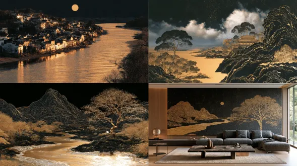 黑金撞色构图，金色河流分割画面，黑色背景，金色描线勾勒岭南镬耳山墙古建筑，暗调奢华，中焦镜头，侧逆光，金属光泽，庄重典雅。