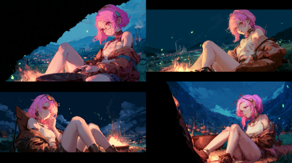 粉色短发少女坐在篝火前烹饪，超广角构图，人物位于画面右下角仅占五分之一，晚风轻拂发丝，萤火虫绿光点缀，远处山峦与村庄炊烟，夜晚氛围，厚涂手绘风格，冷暖色调对比，故事感强烈，景深效果，低角度仰拍，动态模糊，柔和火光，静谧与温暖并存。