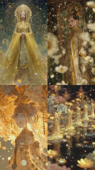 全息九维金色世界，古风千手菩萨立于九维云花海中，身着繁复金色透明流苏长裙，头戴透明流苏纱，肌肤胜雪，绝色容颜，神情静谧，生物发光粒子与光荧斑驳环绕，远景，超精细插画风格，奢华国风光影，64k高清，超级细节，粒子特效，柔光，金色主色调，唯美梦幻。