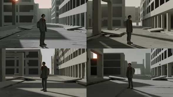a live-action film still of a real human female surveyor standing exactly in the center of an abandoned post-apocalyptic city street. her entire body is visible, about one third of the image height, with natural human proportions. she is about 30, with short black hair, natural eyebrows and a calm, alert face. a worn grey-green rain jacket over a rust-red inner collar, charcoal trousers, worn leather boots and a compact canvas backpack. she faces the camera at a slight three-quarter angle, arms relaxed, feet staggered and firmly grounded. her face is clearly visible, her clothing has natural weight and folds. camera 1.35 metres above the road, 40mm perspective. taller damaged concrete frames on the left, a lower colonnade on the right, distant buildings receding down the street. continuous floor slabs and columns surround large dark empty windows, with a few missing corners. a bright opening remains at the far end. three large fallen slabs lie along the curbs; the central passage is open. the grey asphalt road consists mainly of broad continuous worn surfaces, a few seams and shallow wheel tracks, sparse grass at its edges. sunlight enters through a gap behind her on the left. a narrow warm rim lights her hair and shoulder; soft sky light reveals her face. the foreground is deeper cool grey, the distant street brighter, with coherent long shadows. concrete, asphalt, canvas, skin and leather each have distinct natural surfaces. restrained localized wear, quiet distant detail, believable muted colors. an empty, silent city with a living person at its heart.