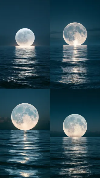史诗级奇幻场景，浩瀚无垠的春江与海平线完全融为一体，水面如巨大的银镜。水天交界处，一轮极其巨大的发光明月正随着翻涌的潮水缓缓升起，巨月占据了画面的核心。巨大的水波纹向四周扩散，波光粼粼。没有任何建筑，只有纯粹的水、潮汐与巨月。极致的对称构图，深蓝与银白色调，神性，空灵，电影级体积光，超现实宏大意境，unreal engine 5渲染，8k超高细节