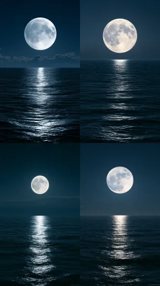 史诗级极简奇幻场景，绝对的“江天一色”，水面与夜空完全交融，没有一丝杂尘。画面的正中央悬挂着一轮巨大、皎洁的孤月，月光如神迹般垂直洒落，在水面上照出一条笔直的银光大道，直通宇宙深处。极致的孤独感与神性，极强的明暗对比，极简的构图，深邃的暗夜蓝与纯粹的月光白，电影级光影，超宏大尺度，震撼人心