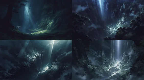 detailed shadow treatment, deep spatial sense, dynamic perspective, high contrast, a narrow, deep fissure in a dark fantasy forest,vertical cliff covered in moss and mist, a single beam of light from above illuminating a winding path on the ground, medieval fantasy settings, the forest is thick with white fog, dark and cold atmosphere, ar 16:9