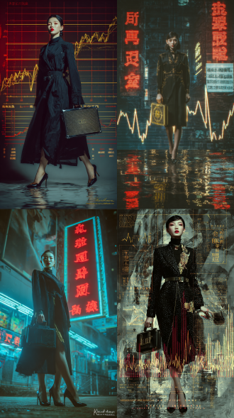 超现实主义赛博朋克摄影，亚裔精英女性，数据化都市夜景，黑色科技面料风衣，发光明板，钛合金公文包，尖头细跟鞋，积水倒影破碎幻象，骨瓷咖啡杯黑咖啡荡漾，中文霓虹灯牌「价值剧场」，心率曲线与k线图重叠，虚拟书柜金光典籍，金色命运罗盘数据经纬，钨砂灰主色调，金融哑光黑，香槟金熔岩红点缀，锐角阴影，「破晓锋线」光晕轮廓，极致细节，动态张力，电影级广角镜头，低角度拍摄，高对比度，赛博霓虹光效，慢门动态模糊，冷峻面部表情，步伐坚定，重构现实，象征符号密集