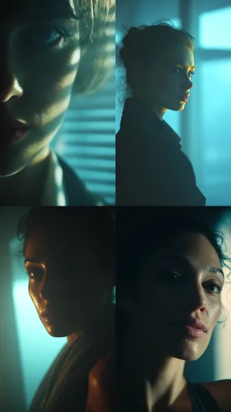 surreal movie portrait, 9:16 aspect ratio, woman with a determined gaze, early morning 5 am blue light filtering through blinds, minimalist apartment yoga silhouette, close-up of sweat during jogging, urban foggy streets, café keyboard typing close-up, low-angle handshake shot, slow-motion walking in the neon financial district, custom overcoat fluttering, dynamic crowd blur, shot with arri alexa 35, leica summilux lens, natural light and neon reflections, contrasting cold blue and warm gold tones, static and stabilized camera movements, sweat texture, breath white mist, high-detail fabric, sharp eyes, wet road reflections, mythic texture slow-motion.