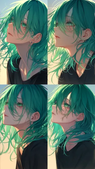 绿发少年，中长发，刘海遮脸，凌乱发丝，泪痣，浅绿眼眸，半身像，可爱帅气，耳环，动漫风格，极简主义，高细节，柔和光线，浅色背景，微风吹拂发丝，自然表情，清新色调，近距离拍摄，虚化背景，明亮眼神，青春感