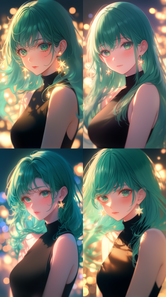 "青绿色头发女孩，黑色无袖高领上衣，星形耳环，动漫风格，背景散景光斑，特写镜头，浅景深，柔光，霓虹色调，神秘氛围，自信表情，时尚感，二次元精细插画风格。"