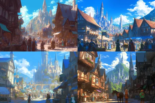 二次元奇幻风格中世纪街道，行人熙攘，石板路蜿蜒，高塔远山背景，晴空白云，日光明媚，色彩鲜艳，广角镜头，远景清晰，柔和光线，动态人群，建筑细节丰富，哥特式尖顶，木质招牌，铁艺装饰，复古服饰，斗篷长袍，暖色调，欢快氛围，手绘质感，高饱和度，透视强烈，生动活泼，童话感。