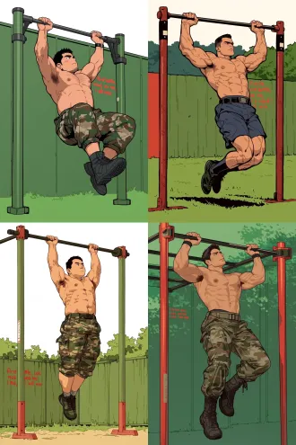 a male soldier is halfway up the horizontal bar, exerting force with his arms, without lifting his legs, and without a hat. the style is that of a chubby man, without a shirt, with a green wall of the training ground in the background, on which there are red words: "first battle, use me; if used, i will win