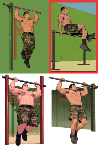 a male soldier is halfway up the horizontal bar, exerting force with his arms, without lifting his legs, and without a hat. the style is that of a chubby man, without a shirt, with a green wall of the training ground in the background, on which there are red words: "first battle, use me; if used, i will win