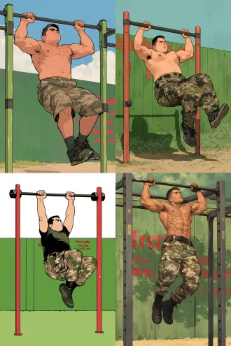 a male soldier is halfway up the horizontal bar, exerting force with his arms, without lifting his legs, and without a hat. the style is that of a chubby man, without a shirt, with a green wall of the training ground in the background, on which there are red words: "first battle, use me; if used, i will win