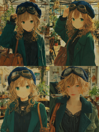 ``` a girl with golden curly hair, wearing a dark blue beret with goggles on it, green eyes, a green coat, a black lace-up top, and a brown shoulder bag. the background is an indoor setting with plants and furniture. ```