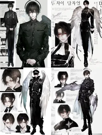 设计一个动漫男角色，生成一张韩式穿搭风格的立绘和服服装杂志感组合页图片，年龄为28岁的成熟韩国男子，韩系画风，大师级动作构图，cg画面质感。男子黑色短发，中分刘海，红色瞳孔，表情冷傲。眼睛偏狭长，上挑眼，脸型棱角分明。身材修长，身着修身的神父装。整体的气质有种高贵优雅的感觉，身后有着一对较大的天使翅膀，站姿优雅 tou