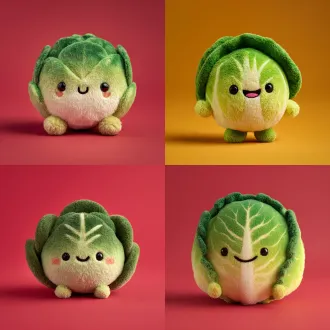 "拟人化圆白菜毛绒玩具，超柔软短绒材质，深绿到浅绿渐变叶片，天鹅绒外观，圆润黑色眼睛，弧线笑脸，浅黄绒毛装饰，皮克斯风格，纯红色背景，高细节纹理，自然光，居中构图，全身拍摄，逼真蓬松感，温暖质感，可爱，愉悦，