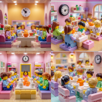 乐高幼儿园用餐区，柔和的粉色和紫色积木小桌，白色乐高盘子和迷你杯子，绿色蓝色矮椅上的小乐高人仔，教师人仔分发橙色红色积木水果，墙上黑色积木数字时钟，柔光环境，明亮整洁氛围，中景拍摄，微距镜头，高饱和度色彩，温馨欢乐，对称构图，细节丰富，无阴影，定格动画风格