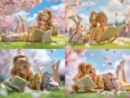 金发波浪低马尾的芭比娃娃，身穿黄色格子连衣裙和白色帆布鞋，躺在翠绿的学校草坪上阅读爱情小说，旁边放着花卉图案背包，远处有其他学生娃娃聊天，樱花盛开，蓝天白云，柔和的粉彩色调，超写实细节，浅景深，自然光，微距镜头，宁静氛围，微笑表情，书本特写，花瓣飘落，阳光斑驳，