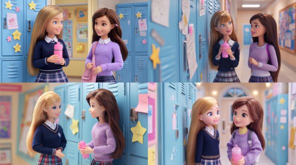 芭比娃娃穿海军蓝校服和格子裙，站在浅蓝色储物柜前，往门上贴星星贴纸，手持粉色水杯，对旁边朋友娃娃（棕发紫毛衣）微笑，走廊储物柜排列，布告栏海报背景，温暖室内光，q版比例，8k高清，广角镜头，柔焦，高饱和度，活泼色调，闺蜜互动，可爱学院风，